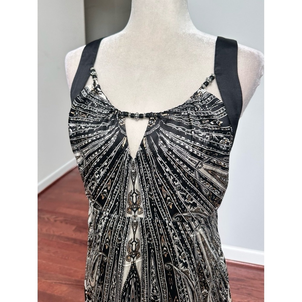 Cache Silk Black White Unique Pattern Beaded Embellished Asymmetrical Satin Top - Picture 8 of 12